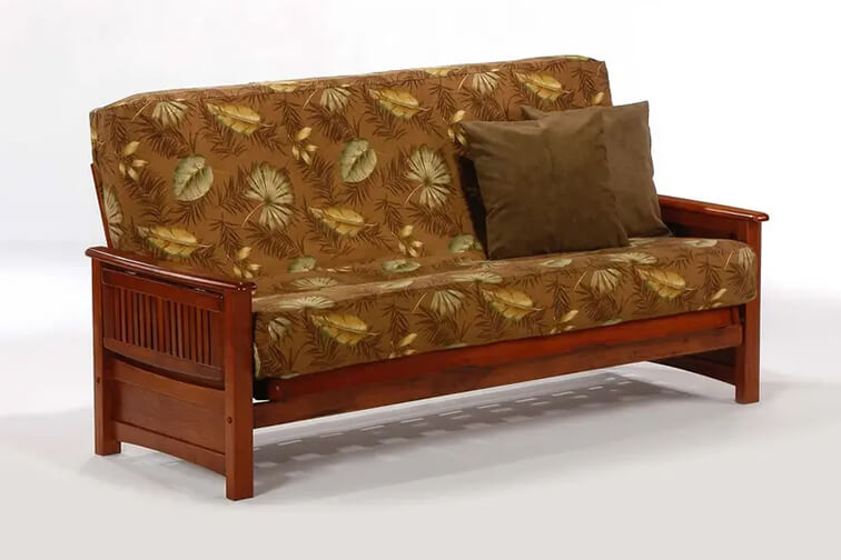 Cherry wood futon frame with a patterned futon mattress
