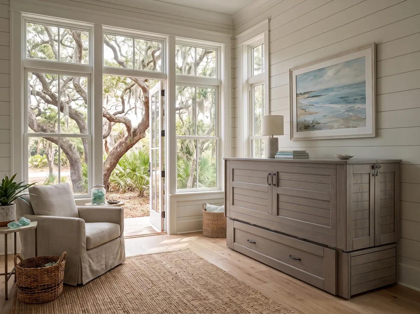 Night & Day Murphy cabinet bed in a sunlit coastal room