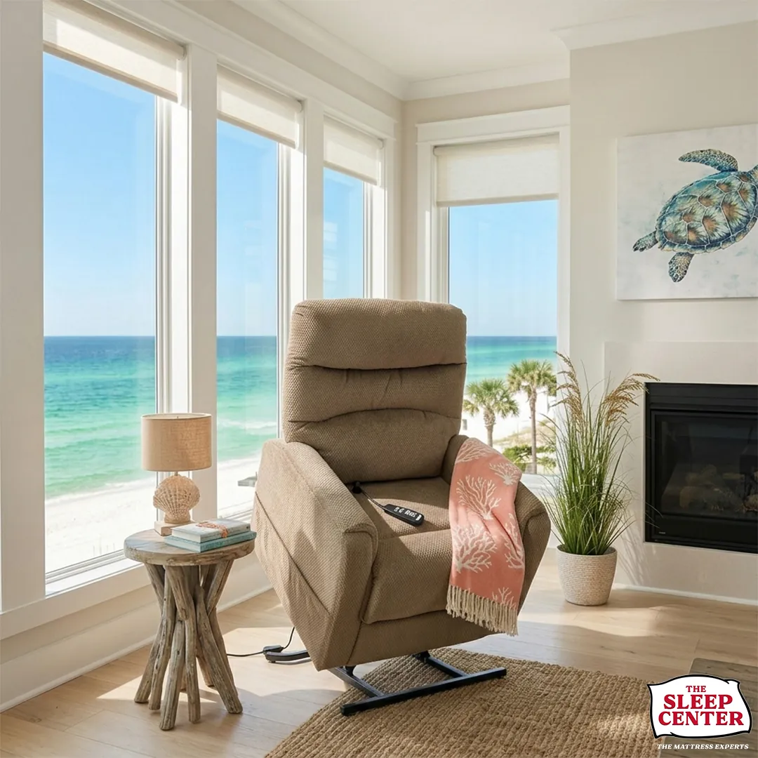 Power lift chair raised in a beachfront living room