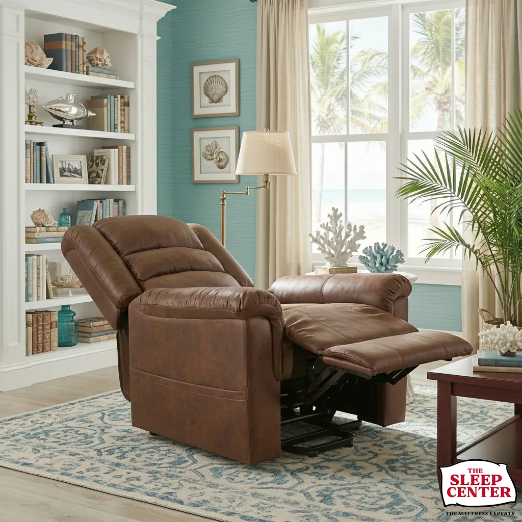 Leather power lift recliner fully reclined in a coastal den