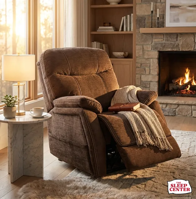 Power lift recliner by a fireplace