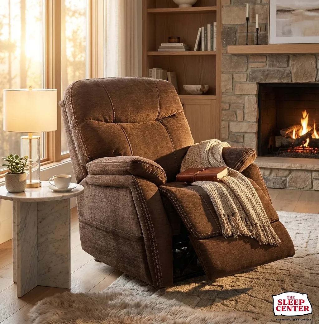 Power lift recliner beside a fireplace